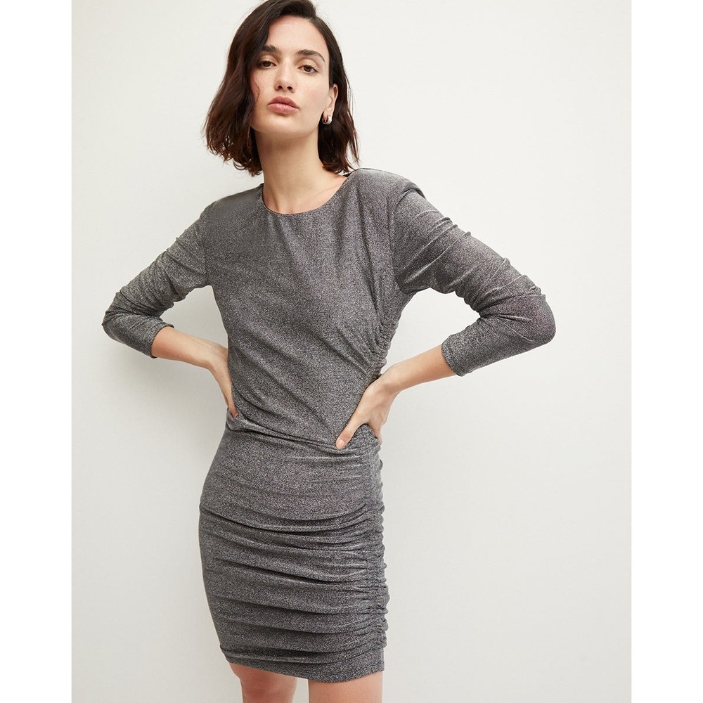 VERONICA BEARD Metallic Ruched Bodycon Mini Dress Silver Sparkle XS NWOT